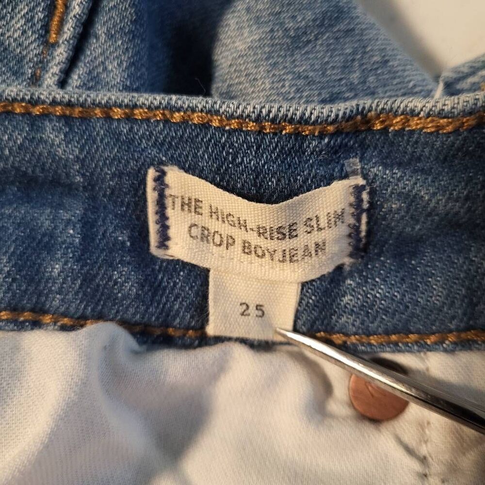 Madewell Womens High Rise Slim Crop Boyjean Sz 25 Blue Distressed Raw Hem Casual - Picture 6 of 10